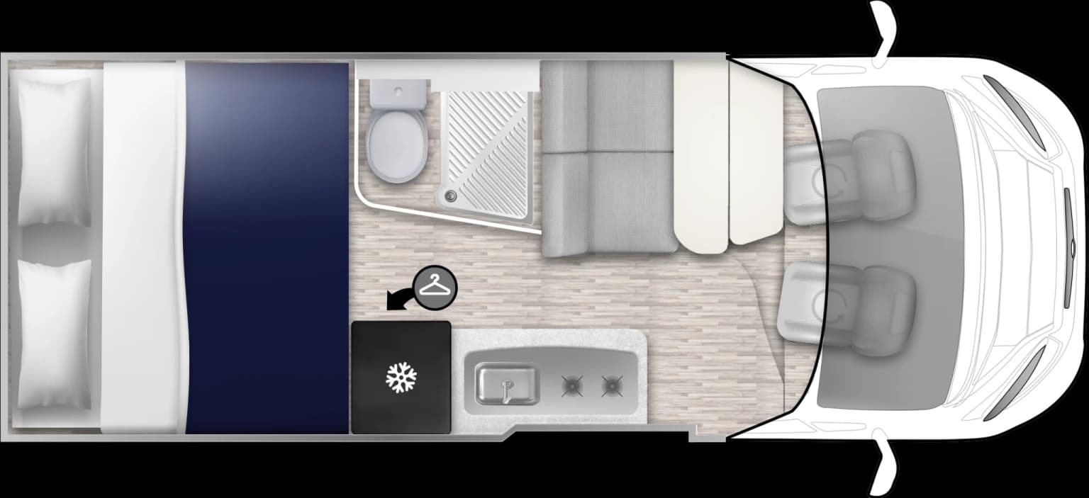 Vedere de sus a amenajării interioare Elnagh E-Van DUO XL